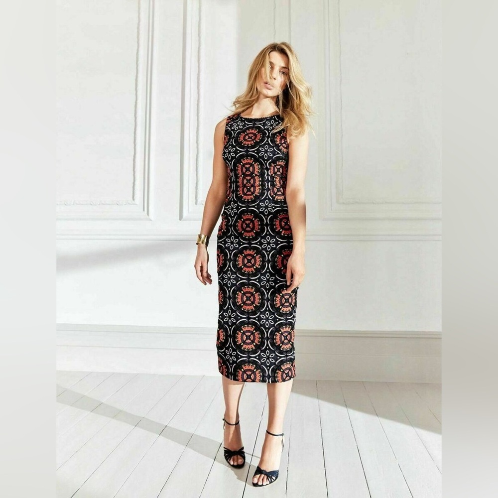 Boden Icons Greta Elegant Black and Red Appliqué & Lace Patterned Dress